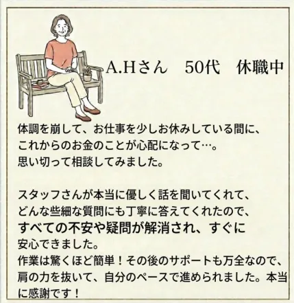 株式会社コンフォートの副業LINEで、A.Hさん女性50代休職中の利用者の声として、休職中にお金の不安があり相談したこと、スタッフが丁寧に答えたこと、作業が簡単だったことが紹介されている画面。株式会社コンフォート副業の口コミや評判を公式情報として確認した画像。