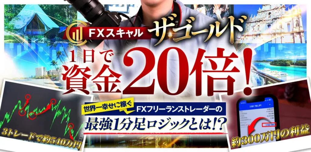 山口孝志のザ・ゴールドFX案件で、1日で資金20倍、3トレードで約540万円、約300万円の利益など短時間で大きく稼げる印象の訴求が確認できる案内画像