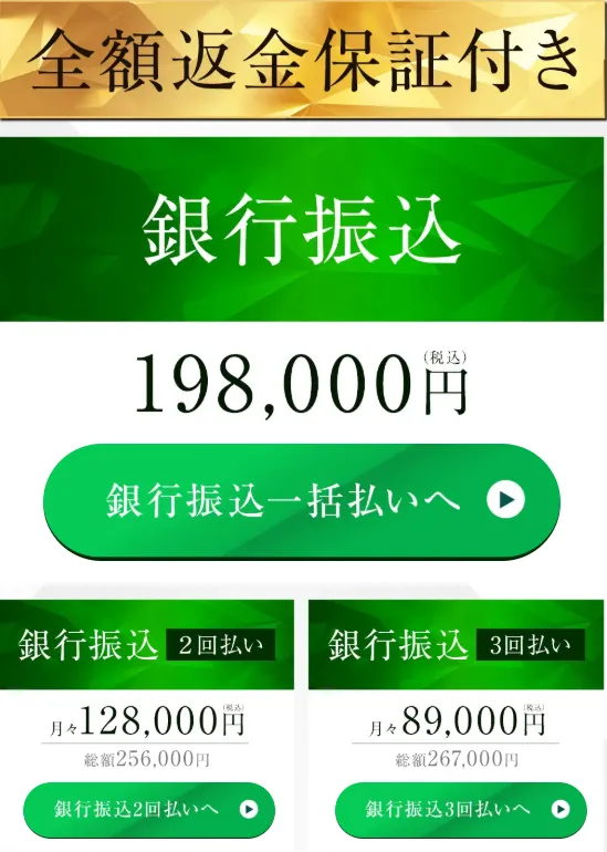中井耀志のEMPIREで銀行振込198000円税込、一括払い、2回払い、3回払いの料金案内が表示されている画面