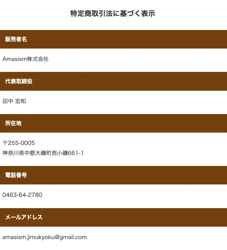 EMPIREの特商法表記で販売者名Amasism株式会社、代表取締役田中宏和、所在地、電話番号、メールアドレスが表示されている画面