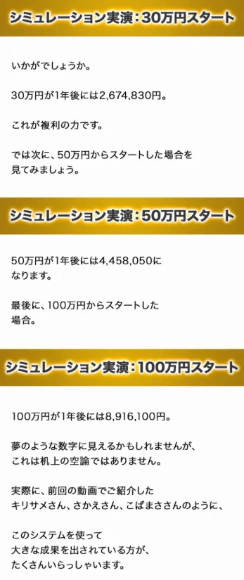 シン・ハピネスプラスの30万円50万円100万円スタートのシミュレーション画像