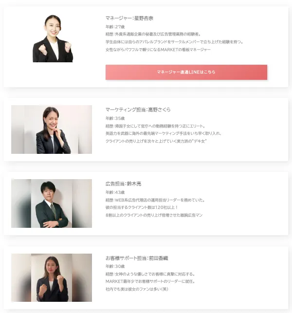 MARKET登録後の画面で、広告担当やお客様サポート担当など複数のスタッフを選んで集合させた画像