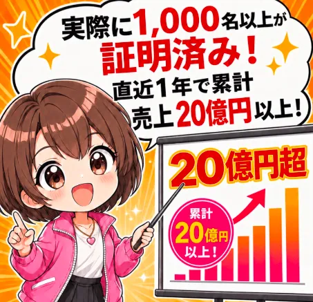 次世代ライバー最新LPで1,000名以上が証明済み・直近1年の累計売上20億円以上・70%以上がスキマ時間で稼いでいると訴求する画面