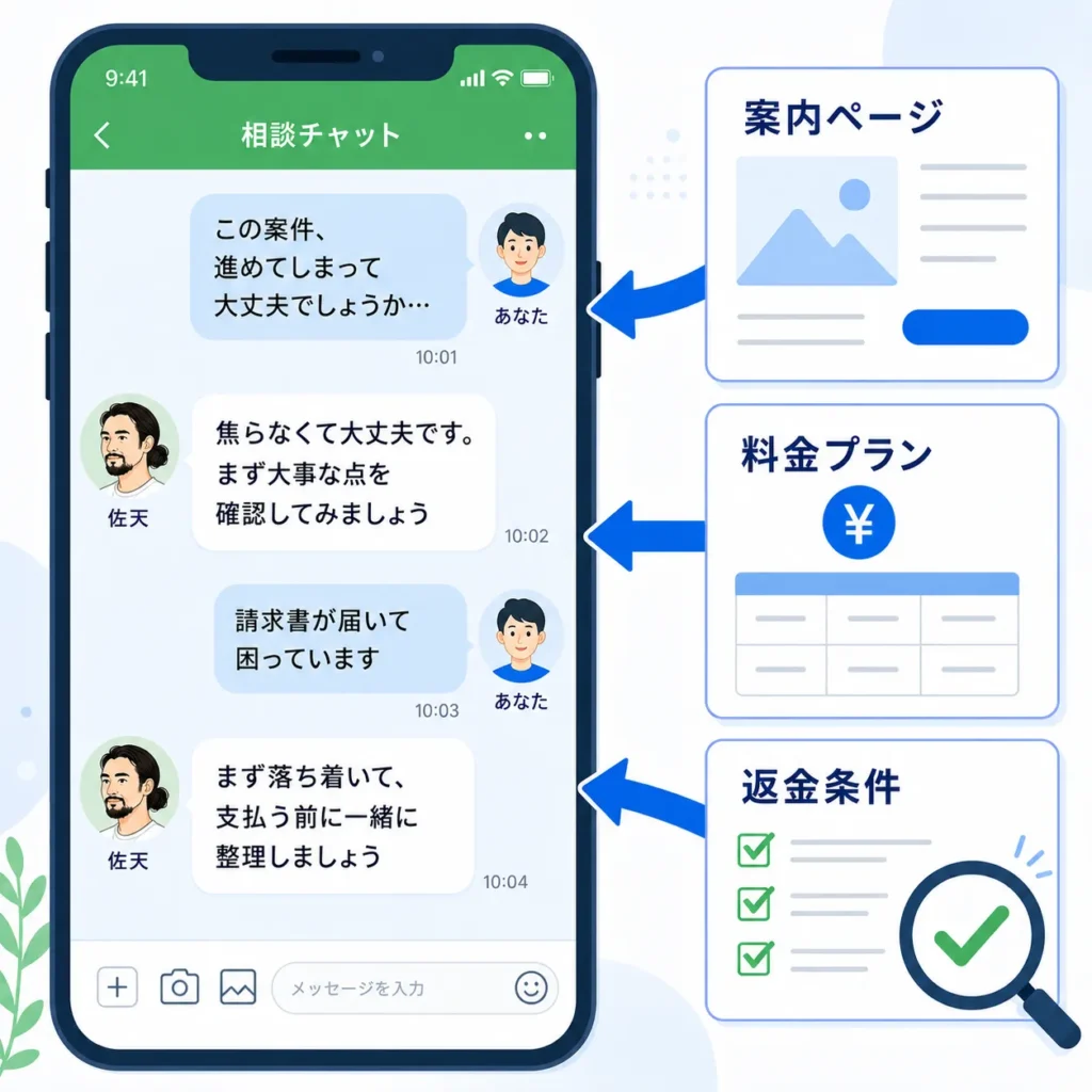 LINEで案内ページや料金プランと返金条件を相談して確認するイメージ画像