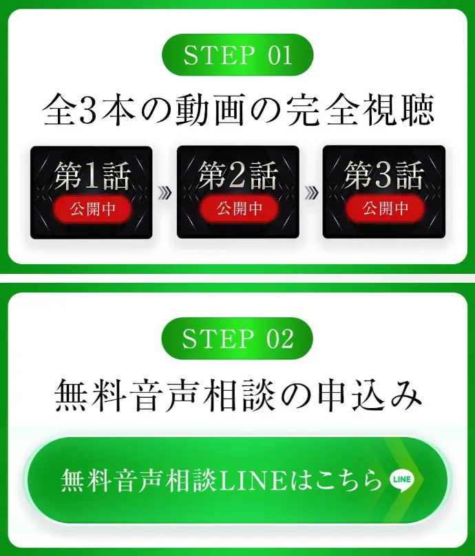 リュウのスナイパーで全3本の動画視聴後に無料音声相談へ進む流れを案内している画像