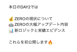ZEROのDAY2ライブでZEROの現状、大幅アップデート内容、新ロジックと実績エビデンスを公開すると説明している調査資料