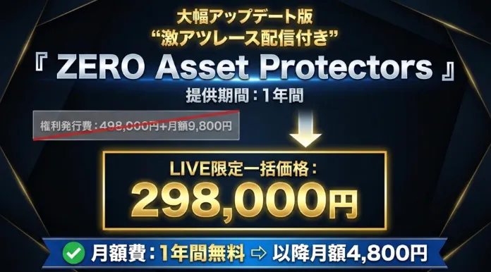 ZERO Asset Protectorsの提供期間1年間、LIVE限定一括価格298,000円、月額費1年間無料、以降月額4,800円と案内されている料金画面の調査資料