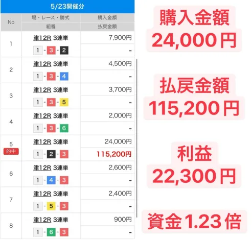 ZEROの案内で津12Rの購入金額24,000円、払戻金額115,200円、利益22,300円、資金1.23倍と説明されている競艇実績の調査資料