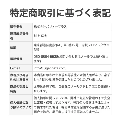 3次元ベータトレードの特商法表記で利益や効果を保証しないと記載されている注意書きの画面1