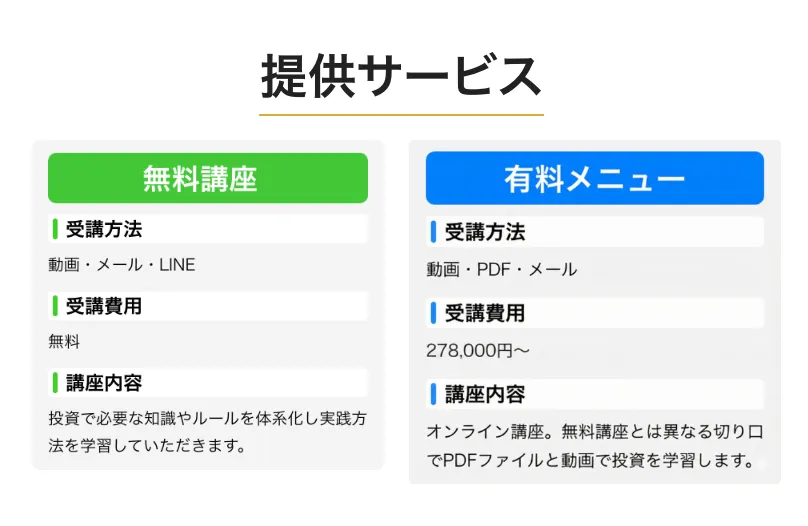 3次元ベータトレードの案内ページ下部で無料講座と有料メニューが提供サービスとして表示されている画面