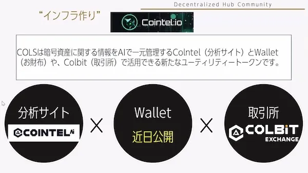 COLSコルスがCointel分析サイト、Wallet、Colbit取引所で活用できると説明されているDHC資料