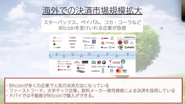 DHC資料でスターバックス、PayPal、コカコーラなどの企業がビットコイン決済を受け入れていると説明している画面
