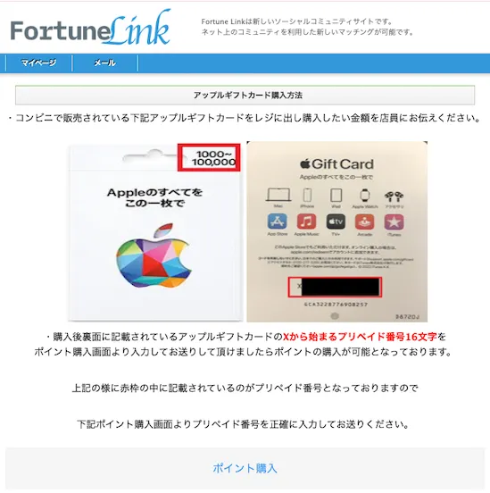 Fortune Link内でポイント購入方法としてAppleギフトカードを購入しプリペイド番号を送るよう説明されている画面