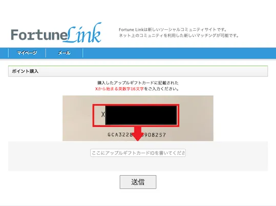 Fortune Linkのポイント購入画面でAppleギフトカードのXから始まる英数字16文字を入力するフォーム
