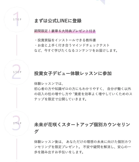 ハナミラ公式サイト 受講までの流れ 公式LINE登録 体験レッスン 個別カウンセリング 申込み 入金後スタート
