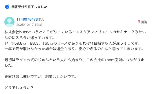 じゅんのLINEから株式会社BUZZのZoom面談へ進み59万8,000円・88万円・165万円の料金と返金条件に不安を感じた第三者の投稿