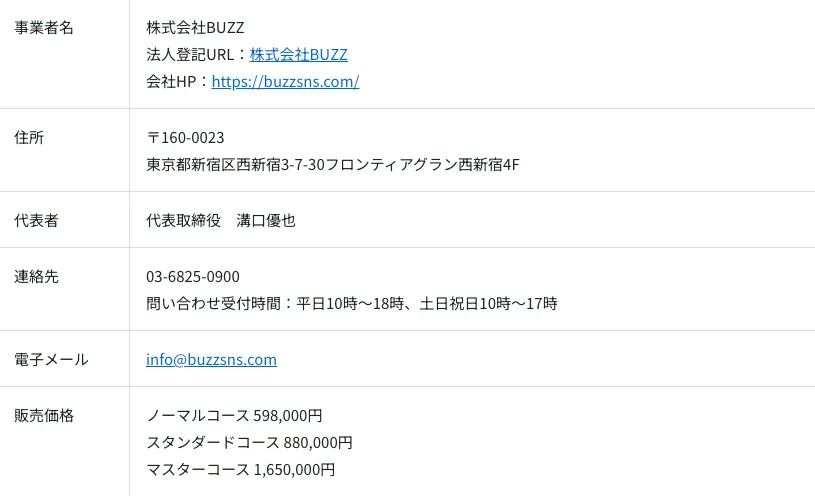株式会社BUZZの会社情報とインスタ副業コース59万8,000円・88万円・165万円の販売価格