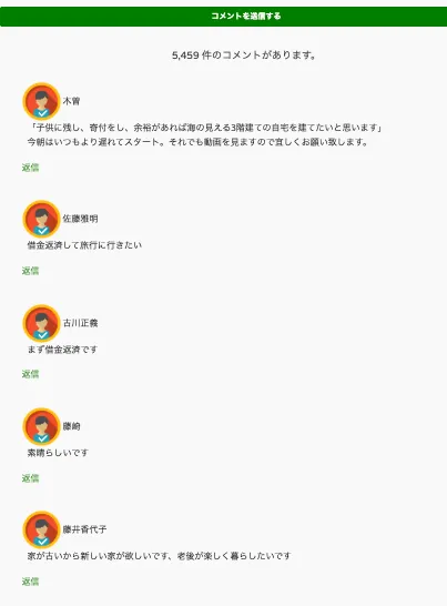 Masters Bank公式ページで5,459件と表示され、借金返済や住宅購入など参加前の希望が並んでいるコメント画面