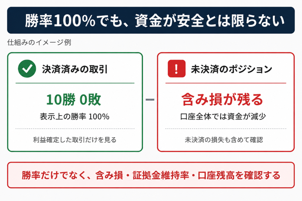 Kingmaker FXの勝率100％と未決済ポジションの含み損が別であることを説明した比較図