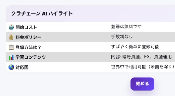 クラチェーンAIの案内ページに登録無料と手数料なしが表示された画面