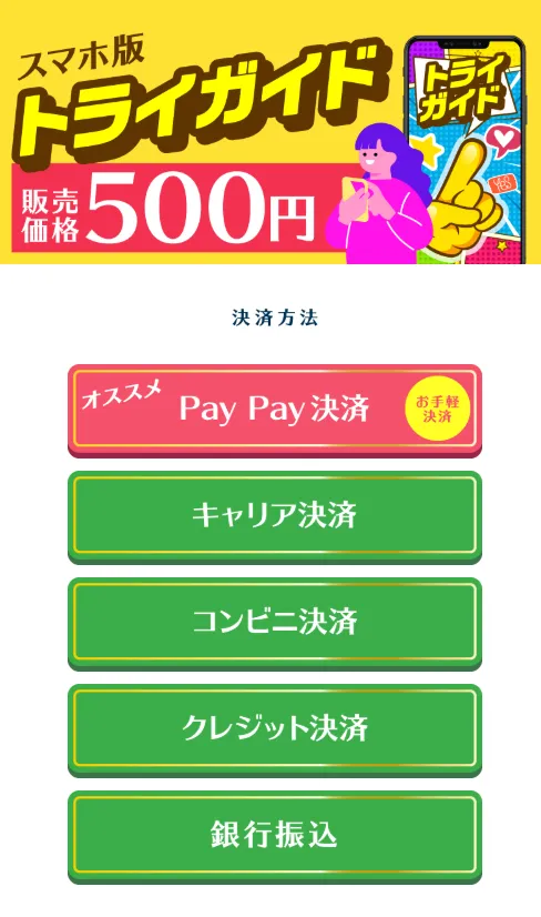 株式会社MUSEの副業でスマホ版トライガイド販売価格500円とPayPayキャリアコンビニクレジット銀行振込の決済方法が表示されている画面
