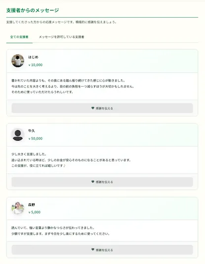 結-musubiのマイページに表示された支援者名・支援額・応援メッセージ一覧