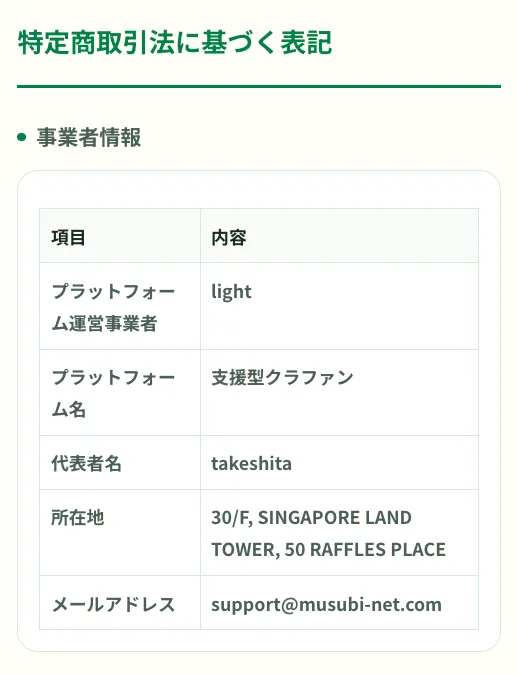 結-musubiの運営事業者light・代表者takeshita・シンガポール所在地を記載した特商法表記
