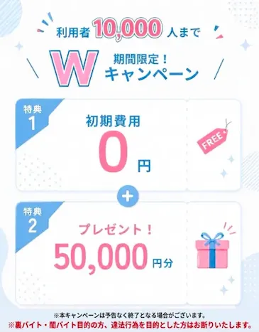 NEXIAの公式LINEで利用者1万人まで初期費用0円と5万円分プレゼントを案内した画面
