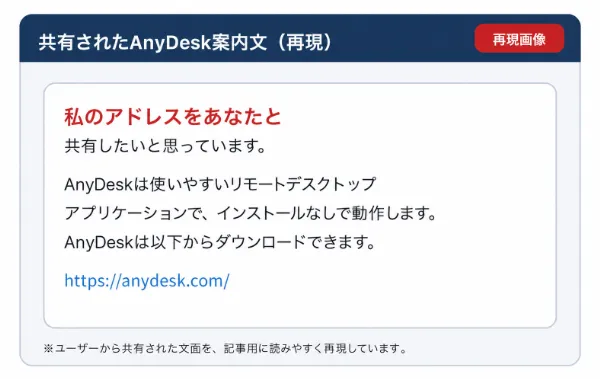AnyDesk ID 1392737021を共有して遠隔操作を求める案内文の再現画像