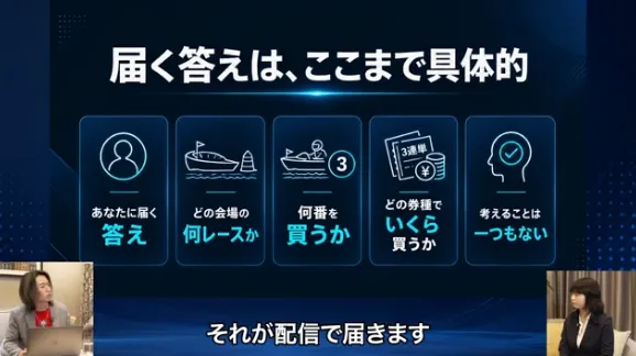 高柳大輔ORIONでAIがボートレースの会場・レース・舟券・購入金額を配信すると説明する動画画面