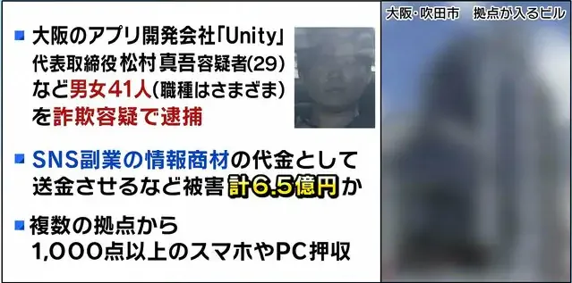 SNSスクール運営会社の株式会社Unity代表ら41人の逮捕と被害額6.5億円を伝えるTBS報道
