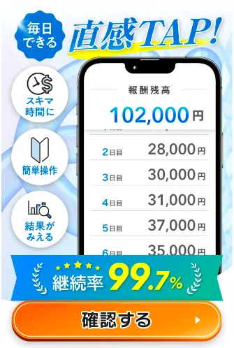 TAPPYから転送された株式会社MUSEの副業広告に直感TAPと報酬残高102000円と継続率99.7％が表示された画面