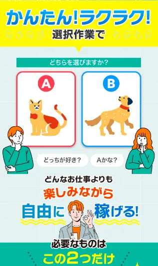 株式会社MUSEの副業ページで犬のイラストを二択から選ぶだけで稼げると案内された選択作業画面