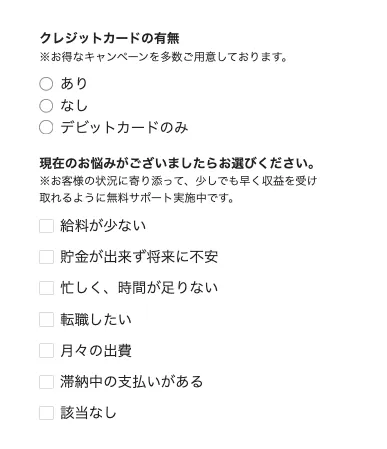 TAPS(タップス)の登録後フォームで、電話番号、年齢、職業、雇用形態、副業経験、クレジットカードの有無、給料や貯金、滞納中の支払いなどの悩みを入力させる画面