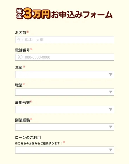 株式会社TOPの副業申込みフォーム|副業経験とローン利用状況の入力項目