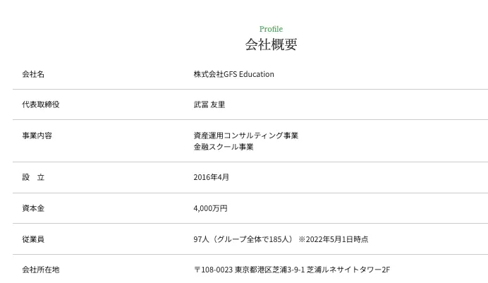 GFS監修投資の達人講座の案内ページ下部に掲載されたメールアドレス・電話番号・株式会社GFS Educationの会社情報