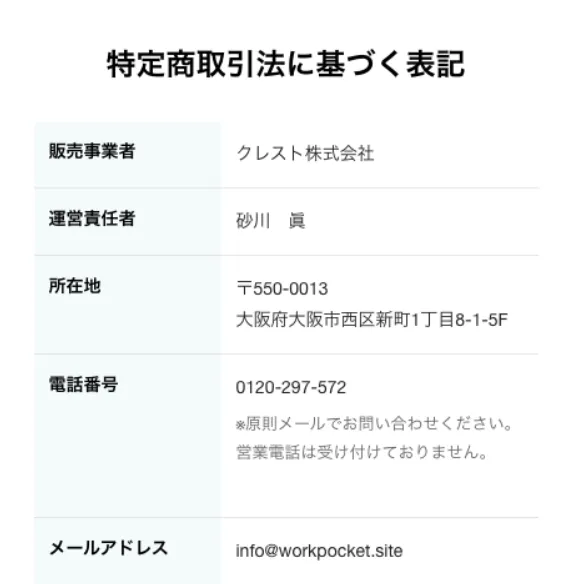 ワークポケットの特商法表記にあるクレスト株式会社、所在地、電話番号、メールアドレスなどの運営会社情報