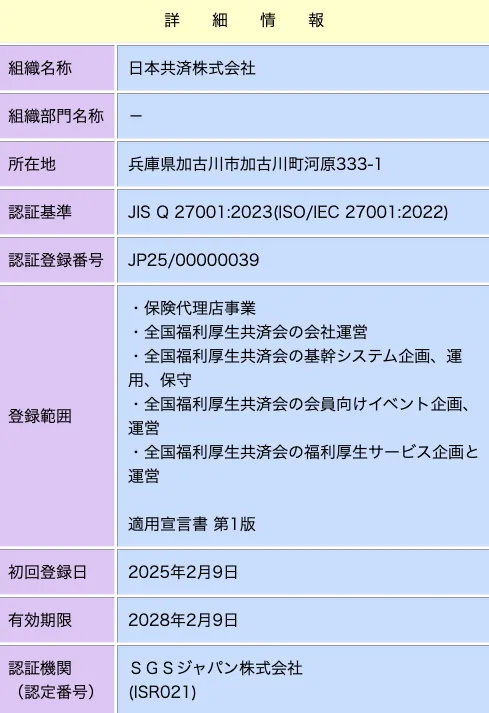 日本共済株式会社のISMS認証と全国福利厚生共済会の運営・基幹システム・会員向けイベント・福利厚生サービスの登録範囲